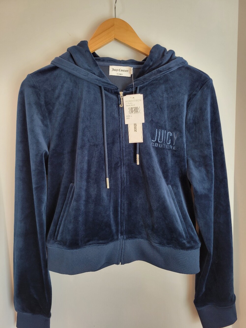 NWT Juicy Couture Classic Velour L Hoodie Regal Blue Y2K Full Zip Glam Lounge